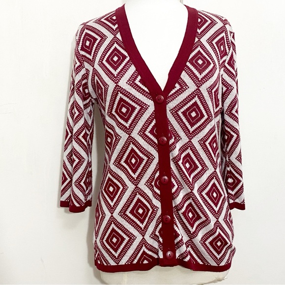 ELEMENTZ geometric print contrast trim button up acrylic knit cardigan sweater M - Picture 1 of 7